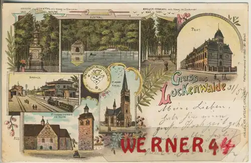 Gruss aus Luckenwalde v. 1899 Bahnhof,Turm,Kirche,Post,Krieger Denkmal,Elsthal,Stadtwappen  (49464)