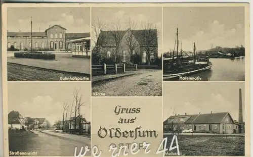Gruß aus Oldersum v. 1955  Bahnhof,Kirche,Hafen,Molkerei,Strassensicht  (50307)