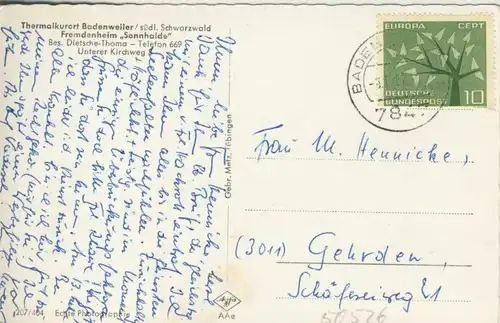 Badenweiler v. 1962  Fremdenheim "Sonnhalde",Bes. Dietsche Thoma  (50526)