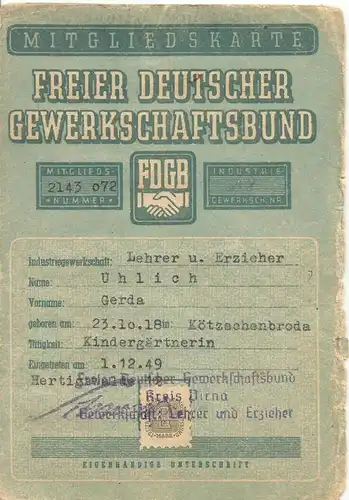 Krötzenbroda v. 1949  FDGB- Freuier Deutscher Gewerkschaftsbund - Mitgliedskarte  (51003)