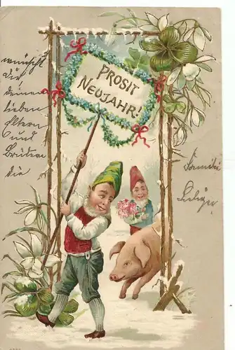 Prosit Neujahr v. 1902  2 Zwerge und ein Schwein  mit Torbogen  (50846)