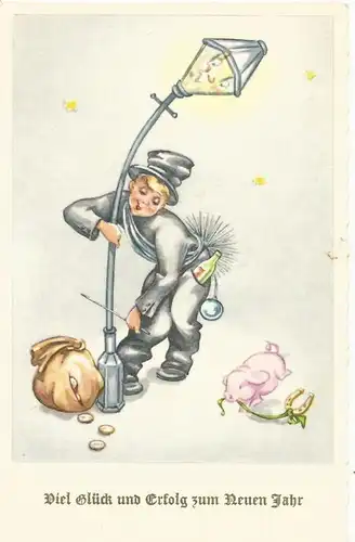 Viel Glück und Erfolg zum Neuen Jahr v. 1936  Schornsteinfeger an der Laterne mit einen Geldsack  (50869)