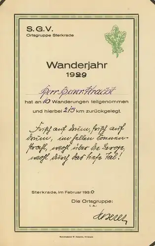 S.G.V. Ortsgruppe Sterkrade v. 1930  Urkunde - Wanderjahr 1930, Herr Heirich Kracht (54251)