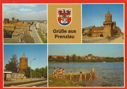 Prenzlau v. 1986  Blick vom Steintor,Mitteltorturm,Badestelle am Uckersee  (55511)