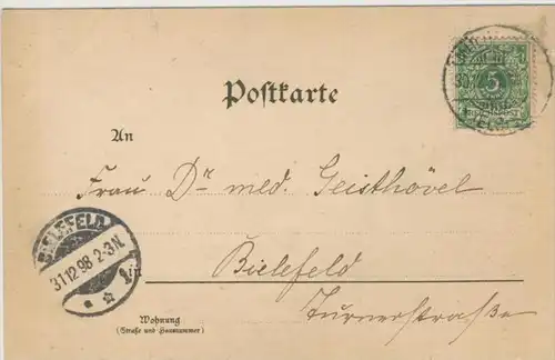 Mülheim / Els. vom 31.12.1898   Postkarte der Deutschen Reichspost mit ein Engel   --- siehe Foto !!    ( 36325 )