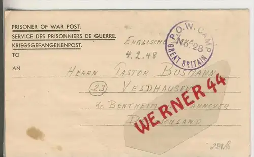 Gefangenen Post  v. 25. Jan. 1948 Nach Veldhausen --  Pastor Busmann (28118)