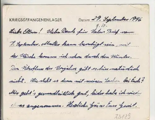 Gefangenen Post  v. 29. Sept.1946   Nach Veldhausen --  Pastor Busmann (28129)