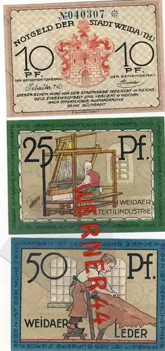Städte Notgeldscheine - Banknoten während der Inflationszeit v. 1921 Weida 10,25,50  Pfg. "NOTGELD" (743)