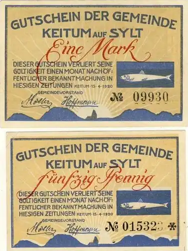 Städte Notgeldscheine - Banknoten während der Inflationszeit v. 1920 Keitum 50 Pfg.+ 1 Mark  "NOTGELD" (910)