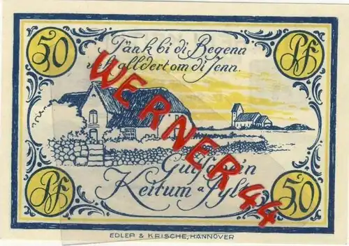 Städte Notgeldscheine - Banknoten während der Inflationszeit v. 1921 Keitum 50 Pfg.  "NOTGELD" (911)