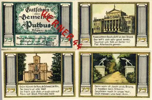 Städte Notgeldscheine - Banknoten während der Inflationszeit v. 1921 Putbus 4x75 Pfg.  "NOTGELD" (913)