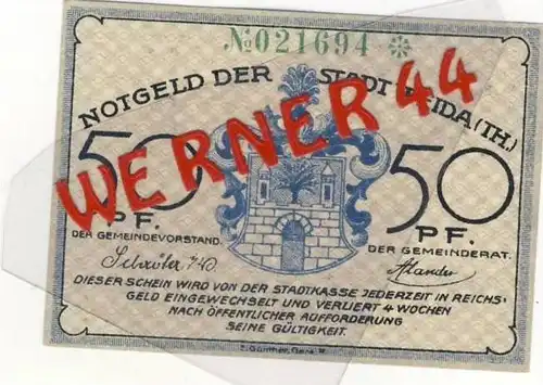 Städte Notgeldscheine - Banknoten während der Inflationszeit v. 1921 Weida 50 Pfg.  "NOTGELD" (915)