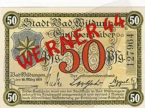 Städte Notgeldscheine - Banknoten während der Inflationszeit v. 1921 Bad Wildungen 50 Pfg.  "NOTGELD" (916)