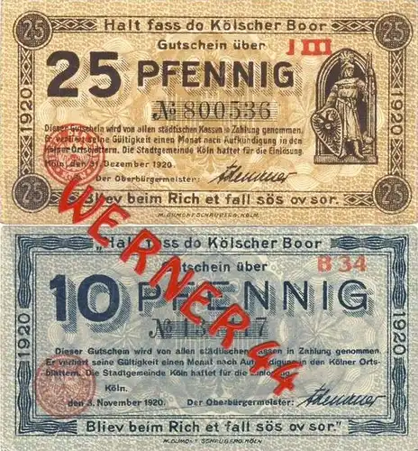 Städte Notgeldscheine - Banknoten während der Inflationszeit v. 1920 Köln 10,25 Pfg.  "NOTGELD" (918)