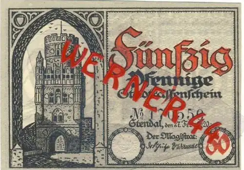 Städte Notgeldscheine - Banknoten während der Inflationszeit v. 1920 Stendal 50 Pfg.  "NOTGELD" (922)