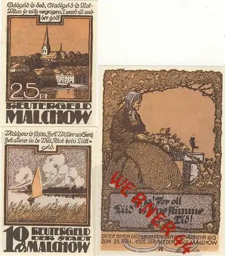 Städte Notgeldscheine - Banknoten während der Inflationszeit v. 1921 Malchow 10,25,50 Pfg.  "REUTER-NOTGELD" (923)