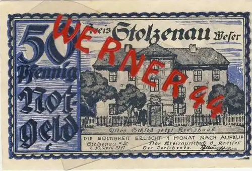 Städte Notgeldscheine - Banknoten während der Inflationszeit v. 1921 Stolzenau 50 Pfg.  "NOTGELD" (925)