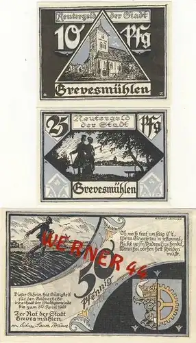 Städte Notgeldscheine - Banknoten während der Inflationszeit v. 1921 Grevesmühlen 10,25,50 Pfg.  "REUTER-NOTGELD" (932)