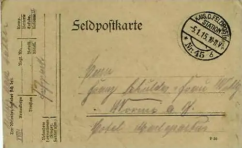Feldpostkarte mit Feldpoststempel von 5.1.1914 - siehe Foto !!  (24589)