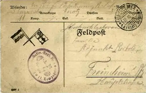 Feldpostkarte mit Feldpoststempel von 31.10.1915 - siehe Foto !!  (24591)