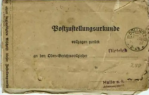 Döllnitz v. 1927  Postzustellungsurkunde-Ober Gerichtsvollzieher  (24599-10)