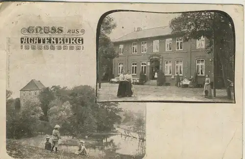 Aghtenburg v. 1919  Anglerin am Fluß und Gasthof Ludwig Friedrich Meyer  (57227)