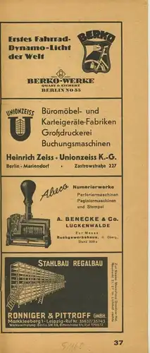 Zeitungs-Werbung v.1955  Alitex-Litzmannstadt,Berko Werke,Heinrich Zeiss,A. Benecke,Ronniger & Pittroff (51160)