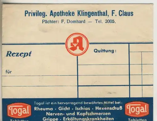 Klingenberg v. 1941  Privileg. Apotheke, F. Claus, Pächter F. Domhardt (51316)