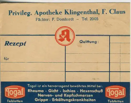 Klingenberg v. 1941  Privileg. Apotheke, F. Claus, Pächter F. Domhardt (51317)