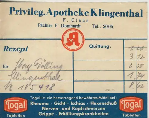 Klingenberg v. 1944  Privileg. Apotheke, F. Claus, Pächter F. Domhardt (51317-2)