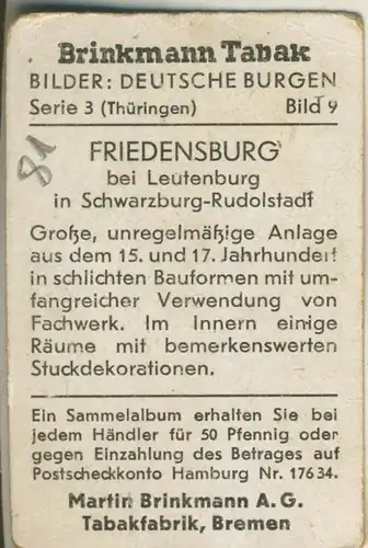 Brinkmann Tabak - Sammelbild Serie 3 (Thüringen) Bild Nr. 9 -- Friedensburg bei Leutenburg  (50681)