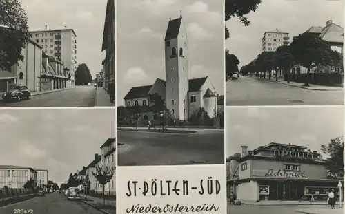 St. Pölten-Süd v. 1962  5 Ansichten u.a. Lichtspielehaus und alte VW Käfer und VW Bully  (56868)