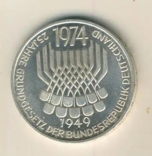 5 Mark Gedenkmünze, 1974 F, "25 Jahre Grundgesetz" , Silber  (18)