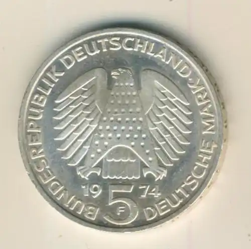 5 Mark Gedenkmünze, 1974 F, "25 Jahre Grundgesetz" , Silber  (18)