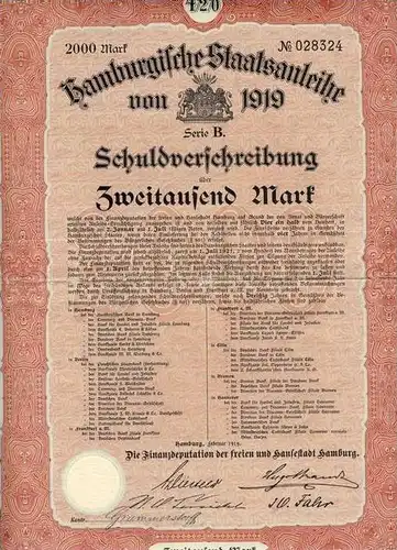 Hamburgische Staatsanleihe von 1919 --- Schuldverschreibung 2000 Mark (54049