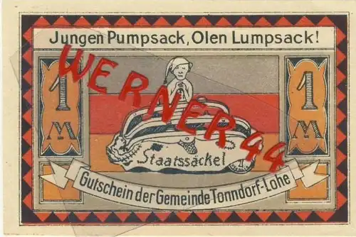Städte Notgeldscheine - Banknoten während der Inflationszeit v. 1921 Tonndorf-L. 1 Mark   "NOTGELD" (926)