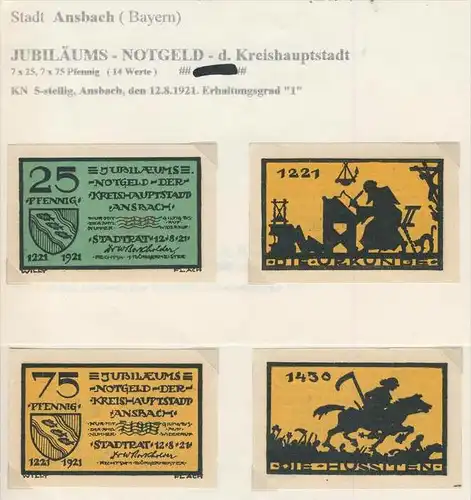 Ansbach v. 1921   7x25,7x75 Pfennig --  Jubiläums Notgeld der Kreishauptstadt ---  siehe Foto !!  ( NOTGELD )  (1743)