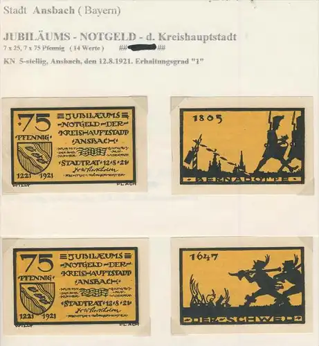 Ansbach v. 1921   7x25,7x75 Pfennig --  Jubiläums Notgeld der Kreishauptstadt ---  siehe Foto !!  ( NOTGELD )  (1743)