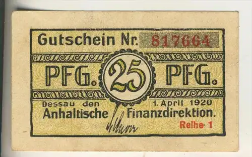 Dessau,1. April 1920, 25 Pfennig  ( GUTSCHEIN )  (014)