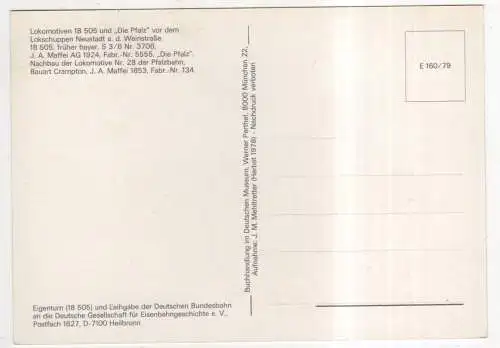 [Ansichtskarte] EISENBAHN - Lokomotiven 18 505 und Die Pfalz vor dem Lokschuppen Neustadt a. d. Weinstraße. 
