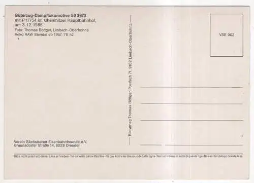 [Ansichtskarte] EISENBAHN - Güterzug-Dampflokomotive 50 3673 im Chemnitzer Hauptbahnhof. 