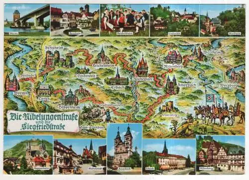 [Ansichtskarte] GERMANY - Landkarte / Karte - Die Nibelungenstraße und die Siegfriedstraße. 