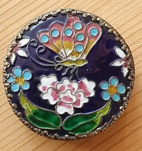 Kleine silberne / versilberte Dose mit Emaille Arbeit auf dem Deckel - Cloisonné