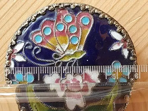 Kleine silberne / versilberte Dose mit Emaille Arbeit auf dem Deckel - Cloisonné