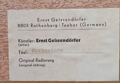 Hand - colorierte Radierung von Ernst Geissendörfer Rothenburg ob der Tauber