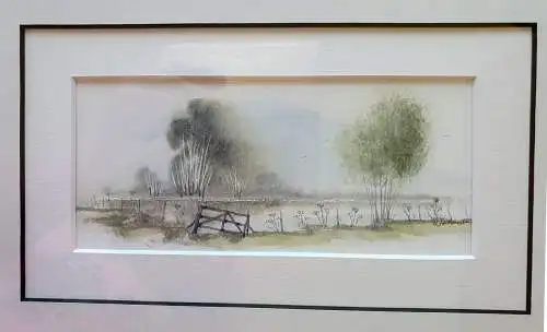 Kleines , zartes Aquarell einer Landschaft mit See - signiert