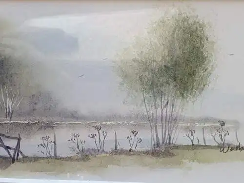 Kleines , zartes Aquarell einer Landschaft mit See - signiert