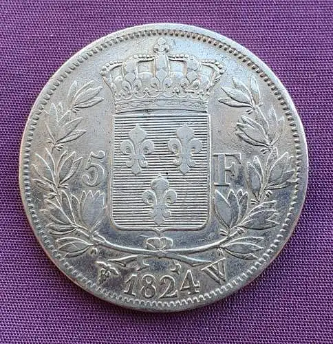 Frankreich 5 Francs 1824 W - Louis XVIII  VZ Silber