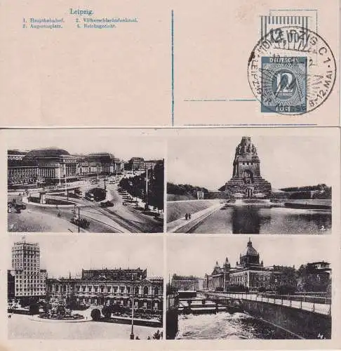 [Echtfotokarte schwarz/weiß] Leipzig 
1. Hauptbahnhof  2. Völkerschlachtsdenkmal  3. Augustusplatz  4. Reichsgericht
frankiert mit 12 Pf. grau vom oberen Bogenrand, gestempelt Leipzig Leipziger Messe. 