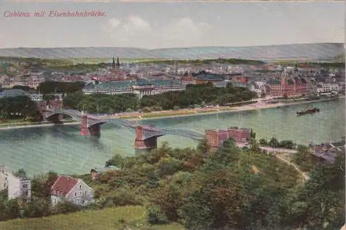 [Hand-Koloriert] Coblenz mit Eisenbahnbrücke. 